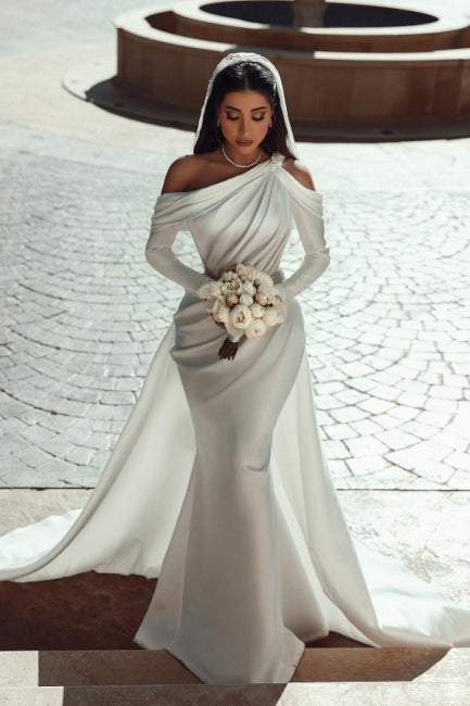 Classy One Shoulder Long Sleeves Mermaid Bridal Gown With Ruffles Long – Dbrbridal