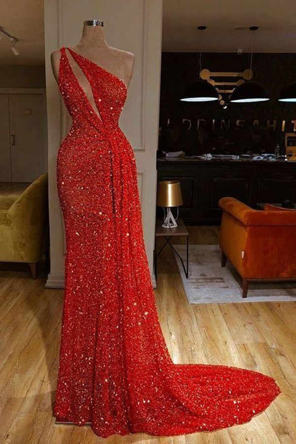Classy One Shoulder Red Prom Dresses Sequins Long On Sale-Dbrbridal