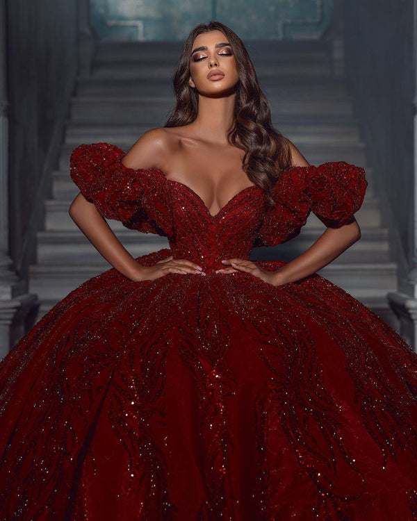 Classy V-Neck Sleeveless Off-the-Shoulder Sequins Bridal Gown With Ruffles Long-Dbrbridal