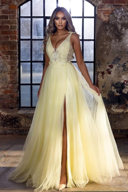 Classy V-Neck Yellow Sleeveless Prom Dresses Long On Sale-Dbrbridal