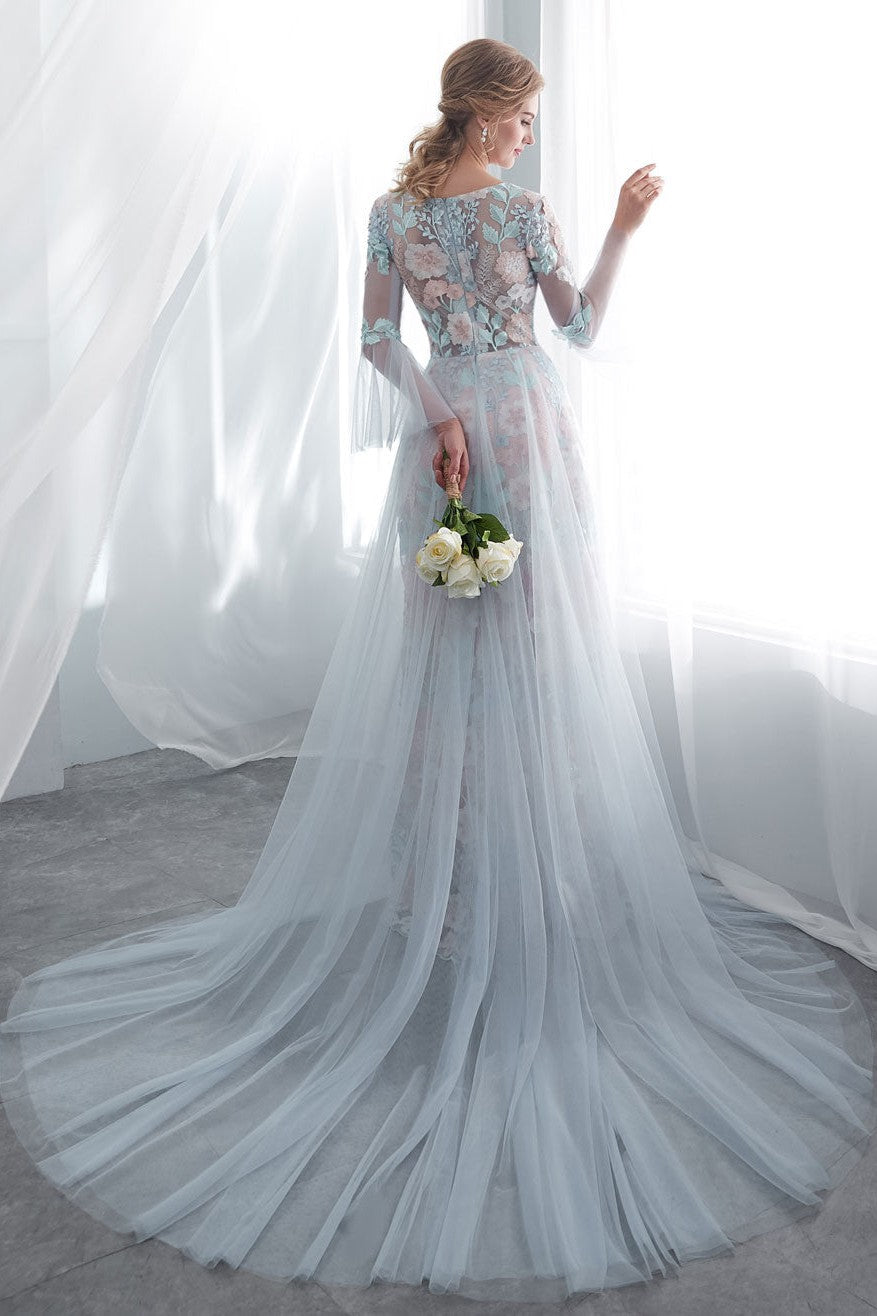 ice blue bridal dress Colored Wedding Dresses Baby Blue Lace Long Sleeve Bridal Dress With T – Dbrbridal