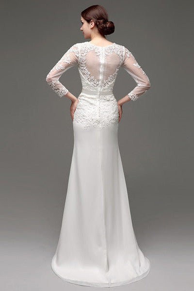 Column Long Sleeves Illusion Back Chic V-Neck Bridal Gown With Rhinestone Sash-Dbrbridal