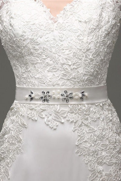 Column Long Sleeves Illusion Back Chic V-Neck Bridal Gown With Rhinestone Sash-Dbrbridal