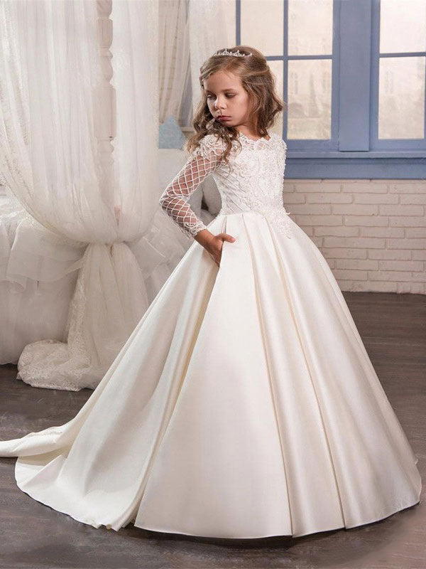 Cute Kids Long Sleeve Lace First Communion Dresses – Dbrbridal