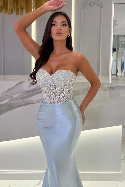 Dbrbridal Mermaid Sky Blue Stain Sleeveless Sweetheart Long Prom Dress with Beadings-Dbrbridal