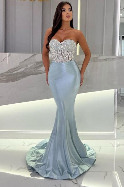 Dbrbridal Mermaid Sky Blue Stain Sleeveless Sweetheart Long Prom Dress with Beadings-Dbrbridal
