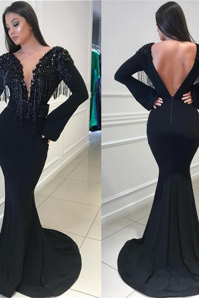 Deep Chic V-Neck Open Back Black Prom Dresses Fit and Flare Chic Long –  Dbrbridal