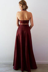 Designer Two Pieces Lace A-Line Split Front Floor-Length Halter Formal Dresses-Dbrbridal