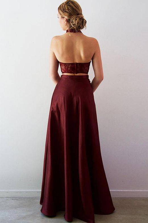 Designer Two Pieces Lace A-Line Split Front Floor-Length Halter Formal Dresses-Dbrbridal