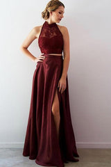 Designer Two Pieces Lace A-Line Split Front Floor-Length Halter Formal Dresses-Dbrbridal