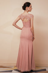 Dusty Pink Cap sleeves Chiffon Column Evening Party Gowns-Dbrbridal