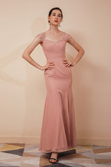 Dusty Pink Cap sleeves Chiffon Column Evening Party Gowns-Dbrbridal