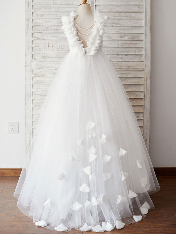 Ecru White Jewel Neck Sleeveless Pearls Kids Party Dresses-Dbrbridal