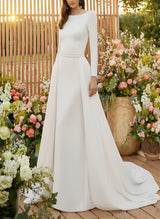 Elastic Satin Wedding Dresses Scoop Neck Long Sleeves Court Train-Dbrbridal