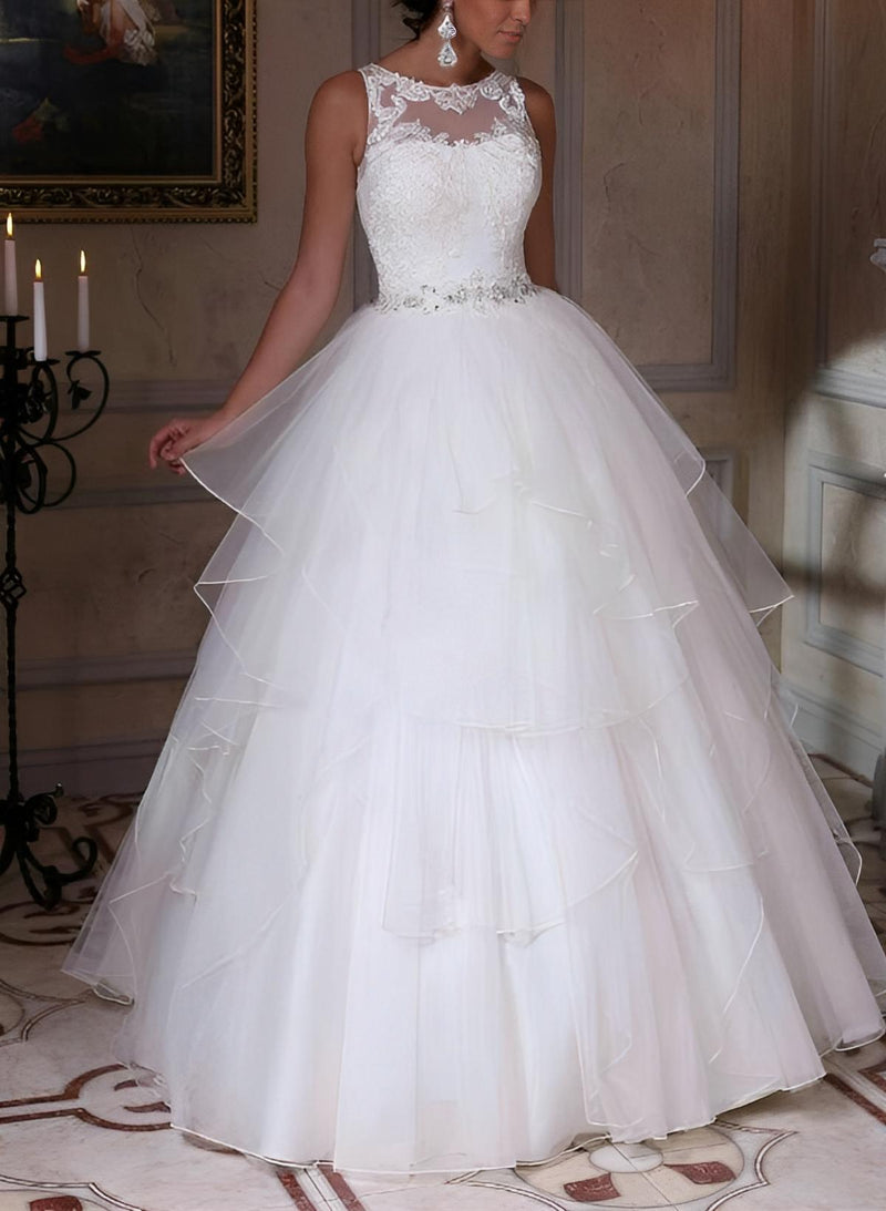 Elegant Ball-Gown Wedding Dresses Featuring Scoop Neck Lace Tulle Fabric Cascading Ruffles-Dbrbridal