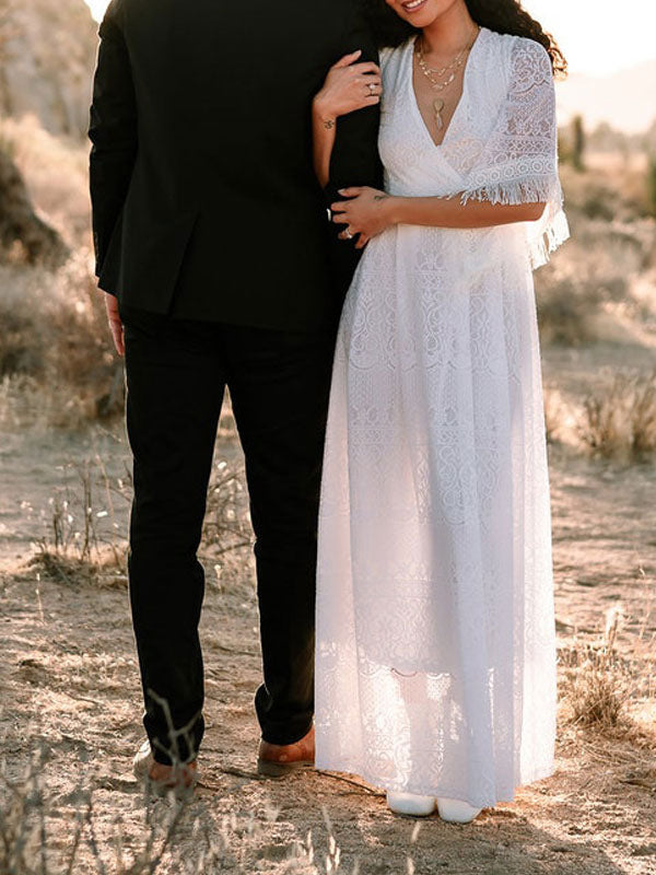 Elegant Bohu Wedding Dresses V-Neck Half Sleeves Backless Lace Up Natural Waist Lace A-Line Floor Length Bridal Wedding Gowns-Dbrbridal