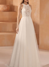 Elegant Chic A-line Halter Sleeveless Wedding Dress Featuring Lace Tulle Appliques Lace-Dbrbridal