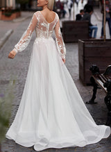 Elegant Chic A-line Long Sleeves Sweep Train Lace Tulle Wedding Dresses-Dbrbridal
