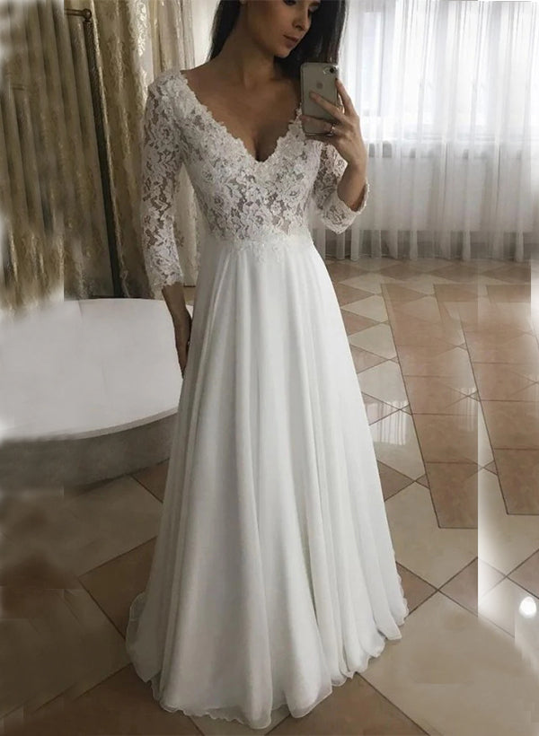 Elegant Chiffon Wedding Dresses Appliques Lace Chic A-line V-neck 3 4 Sleeves-Dbrbridal