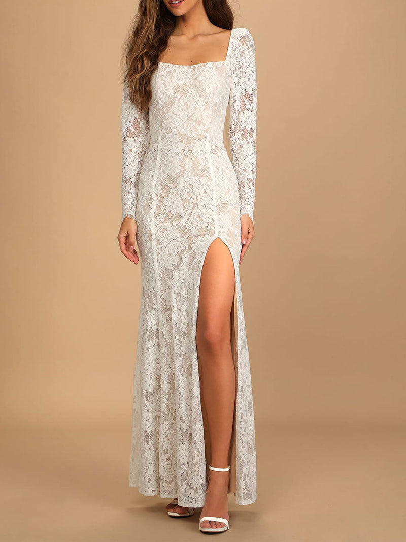 Elegant Engagement Dress Square Neck Long Sleeves Backless Natural Waist Ankle Length Lace Engagement Dress-Dbrbridal
