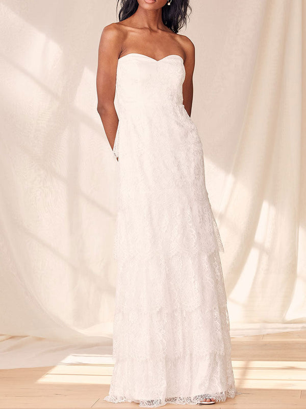 Elegant Engagement Dress Strapless Sleeveless Natural Waist Backless Floor Length Lace Engagement Dress-Dbrbridal