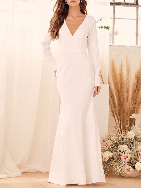 Elegant Engagement Dress V Neck Long Sleeves Backless Natural Waist Floor Length Engagement Dress-Dbrbridal