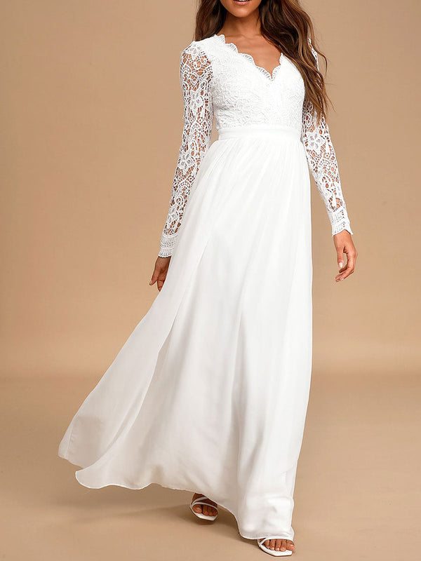 Elegant Engagement Dress V Neck Long Sleeves Natural Waist Backless Floor Length A Line Lace Chiffon Engagement Dress-Dbrbridal