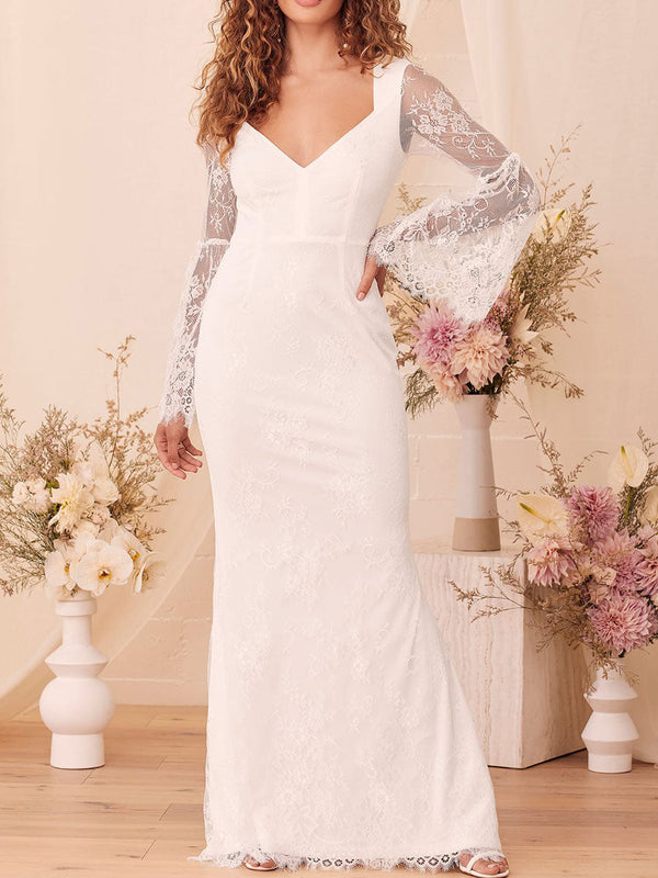 Elegant Engagement Dress V Neck Long Sleeves Natural Waist Backless Floor Length A Line Lace Engagement Dress-Dbrbridal