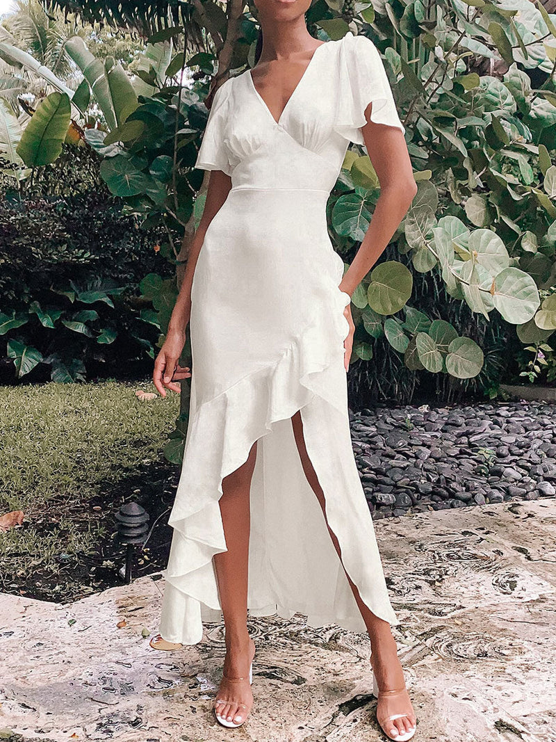 Elegant Engagement Dress V Neck Short Sleeves Natural Waist Ankle Length A Line Lace Engagement Dress-Dbrbridal