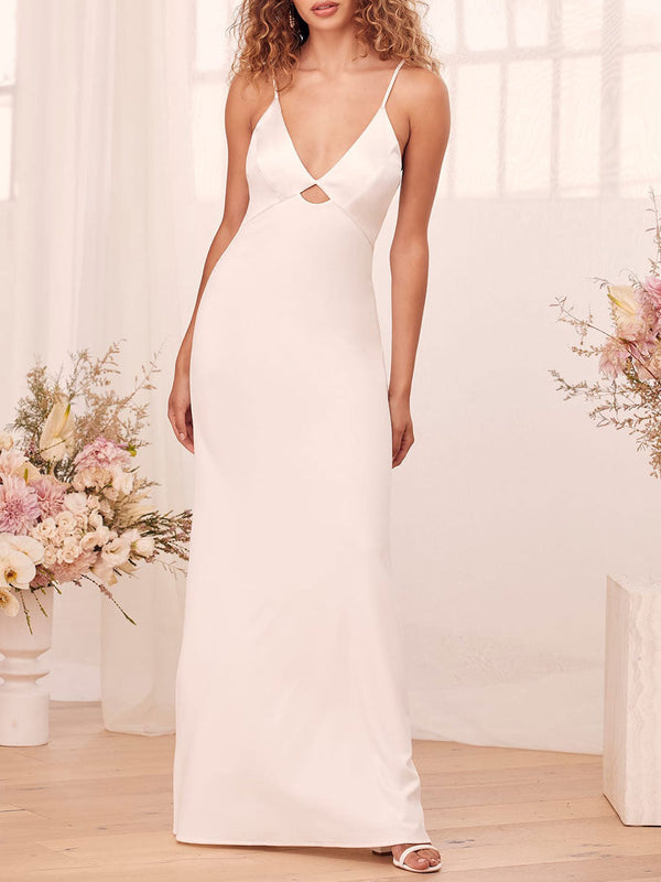 Elegant Engagement Dress V Neck Sleeveless Natural Waist Backless Satin Fabric Floor Length A Line Cut Outs Engagement Dress-Dbrbridal