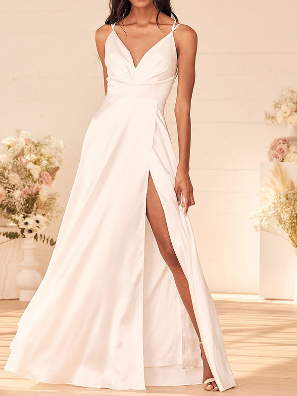 Elegant Engagement Dress V Neck Sleeveless Natural Waist Floor Length A Line Satin Fabric Engagement Dress-Dbrbridal