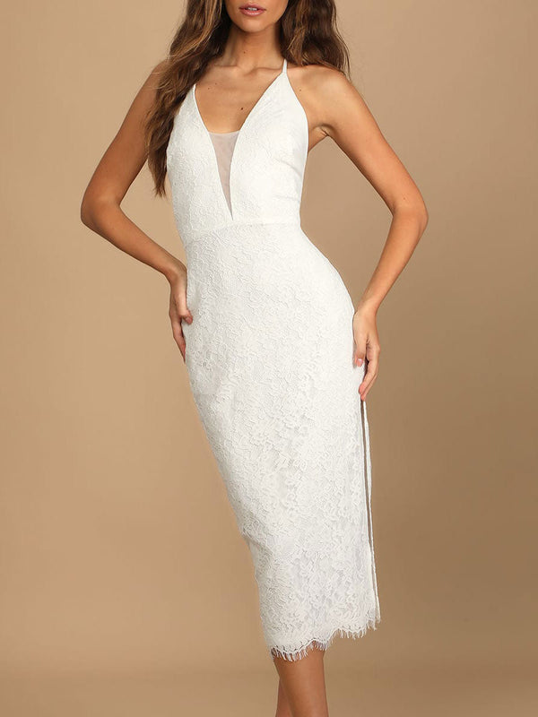 Elegant Engagement Dress V Neck Sleeveless Natural Waist Tea Length A Line Split Engagement Dress-Dbrbridal