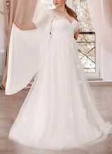 Elegant Lace Chic A-line Wedding Dresses Illusion Neck Short Sleeves for Plus Size-Dbrbridal
