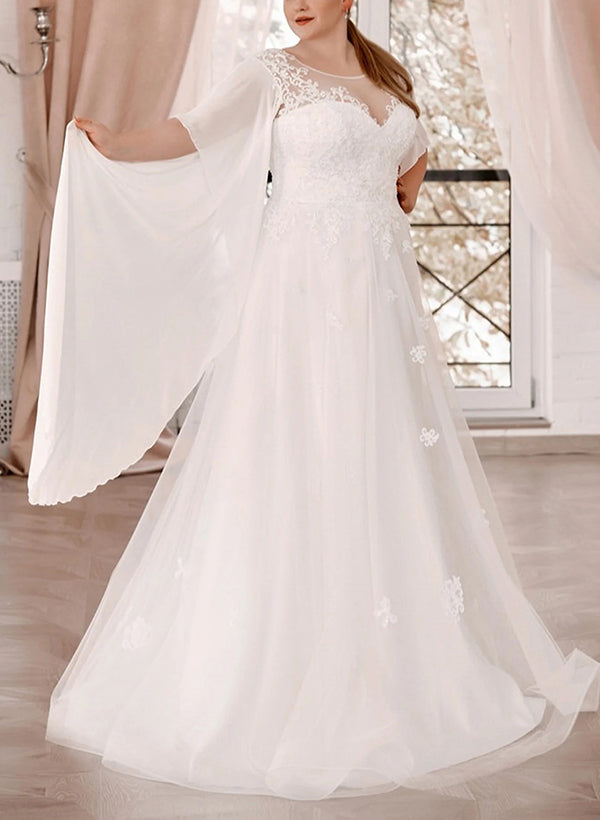 Elegant Lace Chic A-line Wedding Dresses Illusion Neck Short Sleeves for Plus Size-Dbrbridal