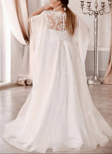 Elegant Lace Chic A-line Wedding Dresses Illusion Neck Short Sleeves for Plus Size-Dbrbridal