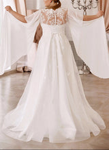Elegant Lace Chic A-line Wedding Dresses Illusion Neck Short Sleeves for Plus Size-Dbrbridal
