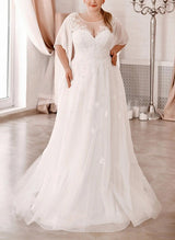 Elegant Lace Chic A-line Wedding Dresses Illusion Neck Short Sleeves for Plus Size-Dbrbridal