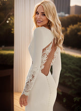 Elegant Lace Elastic Satin Mermaid Fitted Wedding Dresses V-Neck Long Sleeves-Dbrbridal