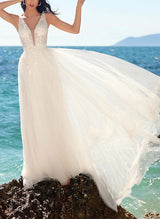Elegant Lace Tulle Summer Beach Wedding Dresses Chic A-line V-Neck Sleeveless-Dbrbridal