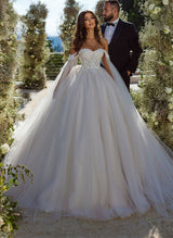 Elegant Lace Tulle Wedding Dress Off-The-Shoulder Long Sleeves-Dbrbridal