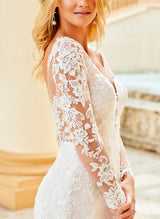 Elegant Lace Tulle Wedding Dresses Long Sleeves V-Neck-Dbrbridal