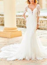 Elegant Lace Tulle Wedding Dresses Long Sleeves V-Neck-Dbrbridal