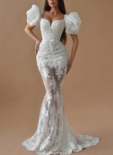 Elegant Mermaid Fitted Lace Wedding Dresses Featuring Short Sleeves-Dbrbridal