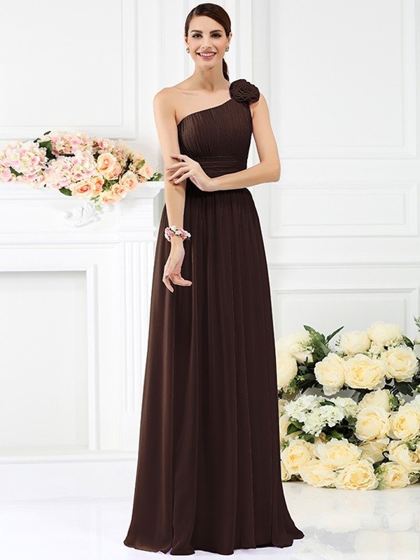 Elegant One Shoulder Pleats Hand-Made Flower Sleeveless Long Chiffon B –  Dbrbridal