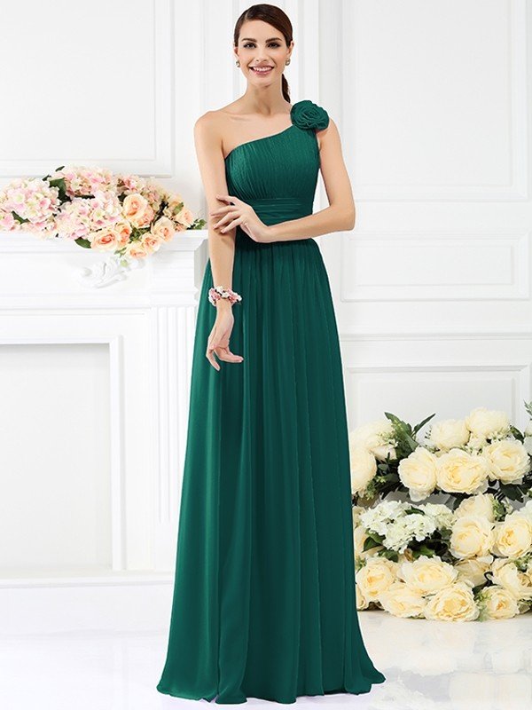 Elegant One Shoulder Pleats Hand-Made Flower Sleeveless Long Chiffon B –  Dbrbridal