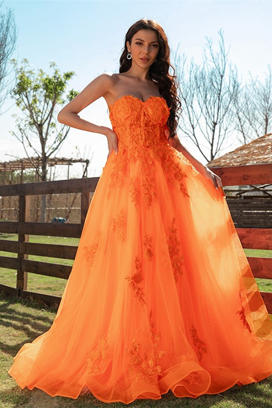 Elegant Orange Sweetheart Long Evening Dress With Lace-Dbrbridal