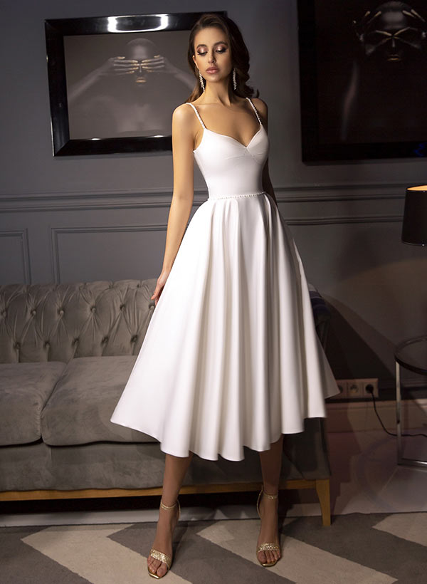 Elegant Pearl Beaded Tea Length Bridal Gown-Dbrbridal