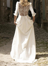 Elegant Satin Wedding Dress Appliques Lace Chic A-line V-neck 3 4 Sleeves-Dbrbridal