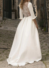 Elegant Satin Wedding Dress Appliques Lace Chic A-line V-neck 3 4 Sleeves-Dbrbridal