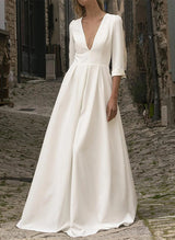 Elegant Satin Wedding Dress Appliques Lace Chic A-line V-neck 3 4 Sleeves-Dbrbridal